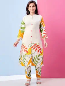 Sangria Girls Floral Printed Mandarin Collar Cotton Straight Kurta