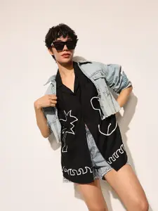 ONLY Women Oversized Fit Cuban Collar Graphic Printed Casual Shirt