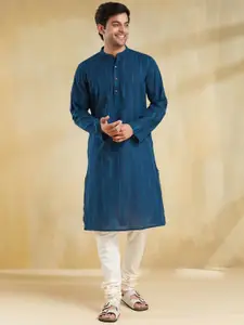 Fabindia Striped Woven Design Band Collar Cotton Dobby Straight Kurta