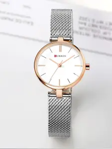 Curren Women Brass Dial & Stainless Steel Straps Analogue Watch CR-9038-Two Tone