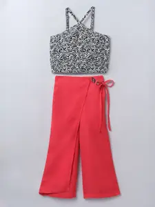 taffykids Girls Abstract Printed Halter Neck Crop Top With Trousers