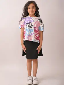 Anthrilo Girls Summer Create Art Printed Round Neck T-shirt With Skirt