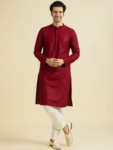 Manyavar Floral Embroidered Mandarin Collar Thread Work Straight Kurta With Pyjamas