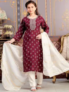 Sangria Girls Ethnic Motifs Printed With Embroidered Silk Straight Kurta