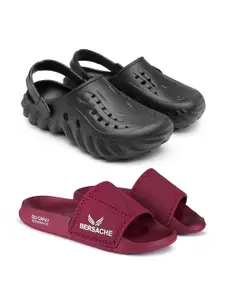 BERSACHE Pack Of 2 Men Self Design Clogs With Printed Sliders