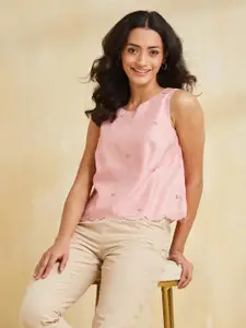 Fabindia Women Embroidered Cotton Crop A-Line Top