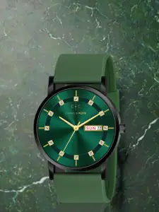 CHARLIEKEEN Men Brass Patterned Dial & Straps Analogue Watch CC-GR318-GRN-GRN