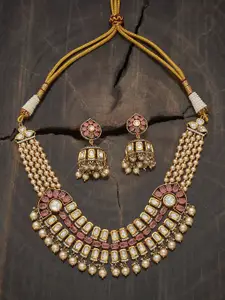 Kushal's Fashion Jewellery Embellished Bridal Pink Victorian-Plated Kundan Necklace Set