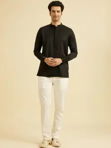 Manyavar Woven Design Mandarin Collar Rolled-Up Sleeves Short Kurta