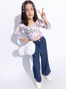 taffykids Girls Abstract Printed V Neck Pure Cotton Crop Top With Trousers