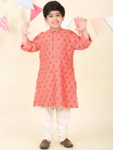 Fabindia Boys Floral Printed Band Collar Straight Kurta
