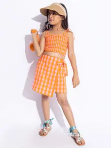 taffykids Girls Checked Shoulder Straps Pure Cotton Smocked Crop Top With Wrap Skirt