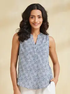 Fabindia Women Floral Printed Mandarin Collar Cotton Top