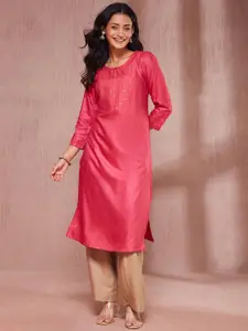 Fabindia Geometric Yoke Design Sequinned Keyhole Neck Straight Kurta