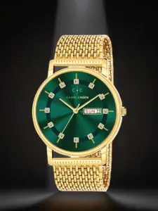 CHARLIEKEEN Men Brass Embellished Dial Analogue Watch CC-GR428-GRN-GLD