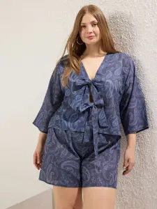 Trendyol Paisley Printed V Neck Pure Cotton Top & Shorts