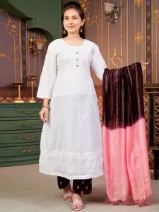 Sangria Girls Geometric Embroidered Round Neck Chikankari Panelled Cotton A-Line Kurta