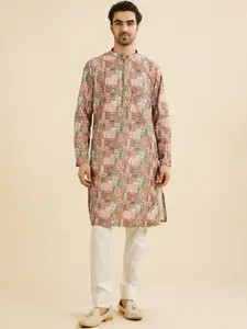 Manyavar Woven Design Mandarin Collar Art Silk  Kurta