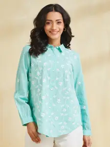 Fabindia Women Spread Collar Floral Printed Cotton Casual Shirt