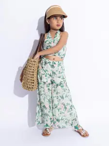 taffykids Girls Floral Printed Halter Neck Crop Top With Palazzos