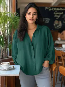 Trendyol Women Plus Size Relaxed Fit Spread Collar Solid Cotton Casual Shirt