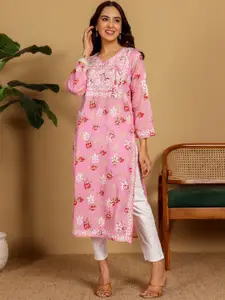 Chowkhat Floral Embroidered Chikankari Pure Cotton Straight Kurta