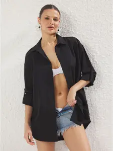 Trendyol Women Relaxed Fit Spread Collar Solid Cotton Casual Shirt