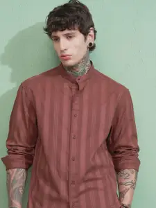 HIGHLANDER Men Comfort Fit Band Collar Textured Cotton Casual Shirt