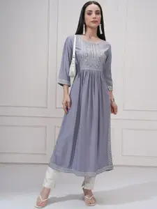 Vishudh Floral Embroidered Round Neck Sequinned Pleated A-Line Kurta