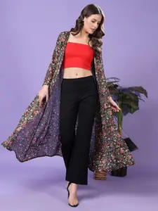 Moda Rapido Floral Printed Long Sleeves Open Front Chiffon Longline Shrug