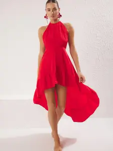 Trendyol Solid Halter Neck High-Low Hem Backless Fit & Flare Dress