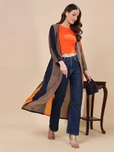 Moda Rapido Colourblocked Long Sleeves Open Front Georgette Longline Shrug