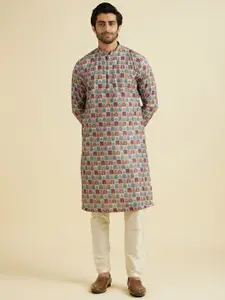 Manyavar Floral Printed Mandarin Collar Straight Kurta With Pyjamas