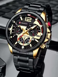 Curren Men Brass Dial & Stainless Steel Straps Analogue Watch CR-8395-Black-Gold