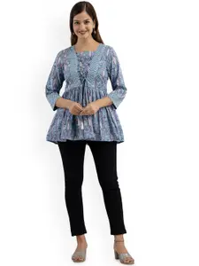 DMP FASHION Floral Printed Pure Cotton Square Neck Peplum Kurti