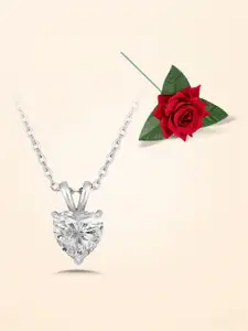 Peora Silver-Plated CZ Studded Pendant Chain With Red Rose