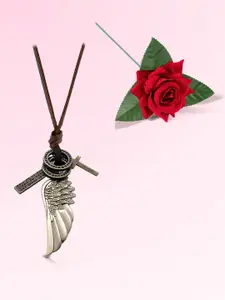 Peora Stainless Steel Silver-Plated Angel Wing Cross Necklace