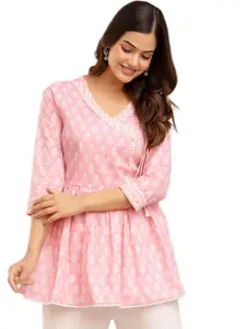 DMP FASHION Floral Printed V-Neck Pure Cotton Angrakha Peplum A-Line Kurti