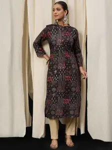 Anouk Floral Printed Mandarin Collar Straight Kurta