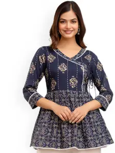 DMP FASHION Floral Printed V-Neck Pure Cotton Angrakha Peplum A-Line Kurti