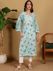 Chowkhat Floral Embroidered Chikankari Pure Cotton Straight Kurta
