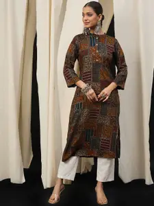 Anouk Floral Printed Mandarin Collar Straight Kurta