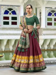 LOOKNBOOK ART Ethnic Motif Printed Tussar Silk Lehenga & Unstitched Blouse With Dupatta