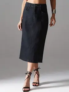 Miss Chase Women Straight-Fit High-Rise Stretchable Denim Midi Skirt