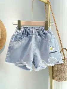 YK Girls Floral Embroidered Regular Fit Denim Shorts