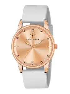 CHARLIEKEEN Men Brass Embellished Round Dial & Straps Analogue Watch cc-gr0001-rg-wht