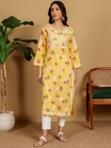 Chowkhat Floral Embroidered Chikankari V-Neck Mul Cotton Straight Kurta
