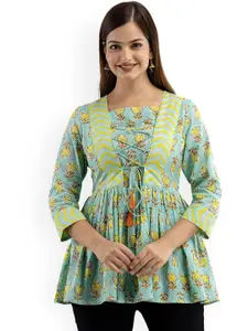 DMP FASHION Floral Printed Pure Cotton Square Neck Peplum Kurti