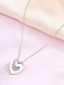 Peora Silver-Plated CZ Studded Heart Shaped Pendant Chain With Red Rose