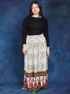 Exotic India Women Off-White Warli Folk Printed Rayon Long Skirt With Dancing Couples